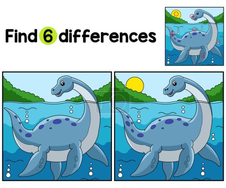Illustration for Find or spot the differences on this Plesiosaurus Dinosaur Kids activity page. It is a funny and educational puzzle-matching game for children. - Royalty Free Image