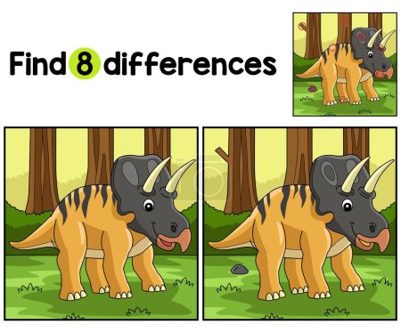 Illustration for Find or spot the differences on this Zuniceratops Dinosaur Kids activity page. It is a funny and educational puzzle-matching game for children. - Royalty Free Image