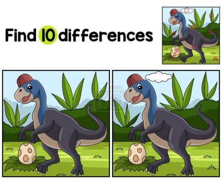 Illustration for Find or spot the differences on this Oviraptor Dinosaur Kids activity page. It is a funny and educational puzzle-matching game for children. - Royalty Free Image