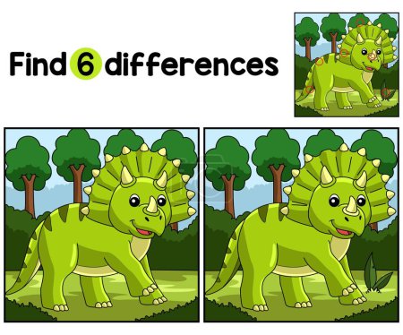 Illustration for Find or spot the differences on this Triceratops Dinosaur Kids activity page. It is a funny and educational puzzle-matching game for children. - Royalty Free Image