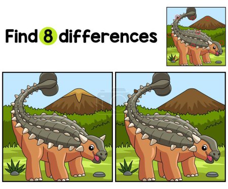 Illustration for Find or spot the differences on this Ankylosaurus Dinosaur Kids activity page. It is a funny and educational puzzle-matching game for children. - Royalty Free Image