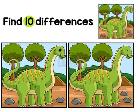 Illustration for Find or spot the differences on this Diplodocus Dinosaur Kids activity page. It is a funny and educational puzzle-matching game for children. - Royalty Free Image