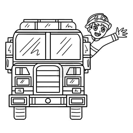 Illustration for A cute and funny coloring page of a Firefighter waving from a fire truck. Provides hours of coloring fun for children. To color, this page is very easy. Suitable for little kids and toddlers. - Royalty Free Image