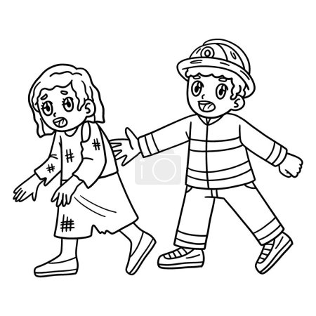 Illustration for A cute and funny coloring page of a Firefighter escorting a survivor. Provides hours of coloring fun for children. To color, this page is very easy. Suitable for little kids and toddlers. - Royalty Free Image
