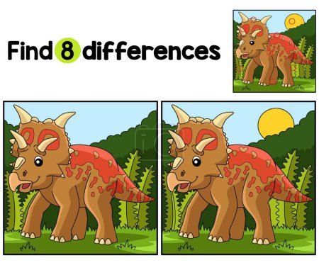 Illustration for Find or spot the differences on this Xenoceratops Dinosaur Kids activity page. It is a funny and educational puzzle-matching game for children. - Royalty Free Image