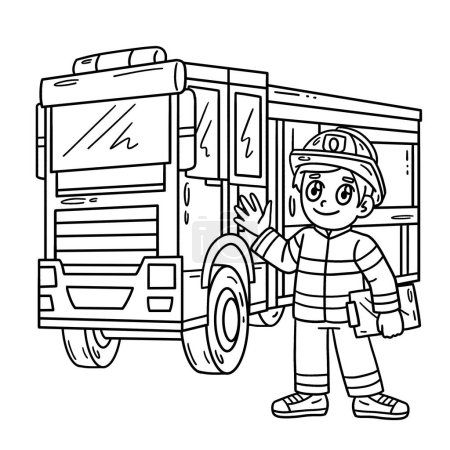 Illustration for A cute and funny coloring page of a Firefighter and fire truck. Provides hours of coloring fun for children. To color, this page is very easy. Suitable for little kids and toddlers. - Royalty Free Image