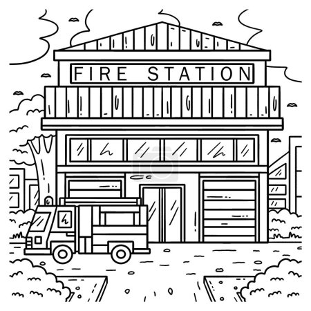 Illustration for A cute and funny coloring page of Firefighter Station. Provides hours of coloring fun for children. To color, this page is very easy. Suitable for little kids and toddlers. - Royalty Free Image