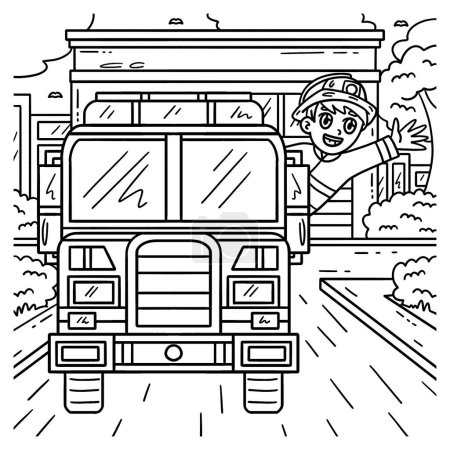 Illustration for A cute and funny coloring page of a Firefighter waving from a fire truck. Provides hours of coloring fun for children. To color, this page is very easy. Suitable for little kids and toddlers. - Royalty Free Image