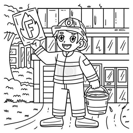 Illustration for A cute and funny coloring page of Firefighter with the letter F. Provides hours of coloring fun for children. To color, this page is very easy. Suitable for little kids and toddlers. - Royalty Free Image