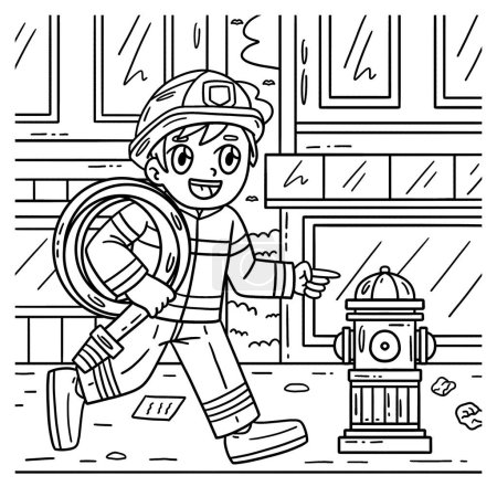 Illustration for A cute and funny coloring page of a Firefighter and fire hydrant. Provides hours of coloring fun for children. To color, this page is very easy. Suitable for little kids and toddlers. - Royalty Free Image