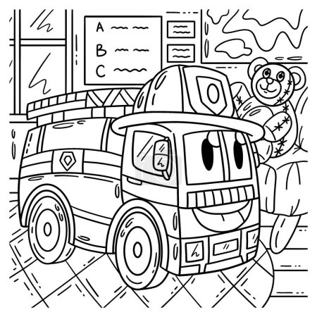Illustration for A cute and funny coloring page of a Firefighter truck toy with a safety hat. Provides hours of coloring fun for children. To color, this page is very easy. Suitable for little kids and toddlers. - Royalty Free Image