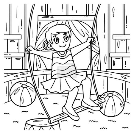 Illustration for A cute and funny coloring page of a Circus Acrobat and Trapeze. Provides hours of coloring fun for children. To color, this page is very easy. Suitable for little kids and toddlers. - Royalty Free Image