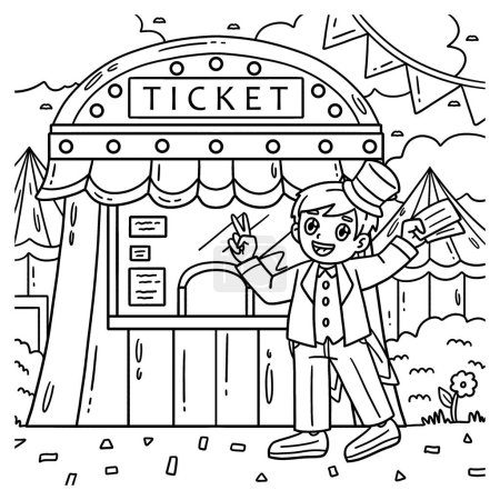Illustration for A cute and funny coloring page of a Circus Seller and Ticket Booth. Provides hours of coloring fun for children. To color, this page is very easy. Suitable for little kids and toddlers. - Royalty Free Image