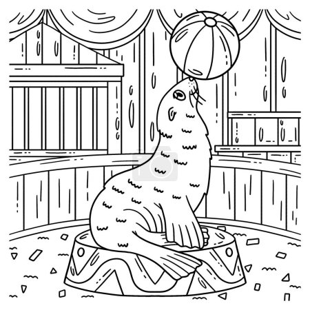 Illustration for A cute and funny coloring page of a Circus Sea Lion and Ball. Provides hours of coloring fun for children. To color, this page is very easy. Suitable for little kids and toddlers. - Royalty Free Image