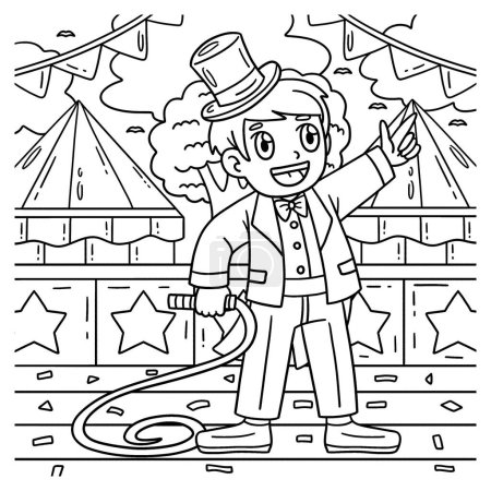 Illustration for A cute and funny coloring page of a Circus Ring Master with Whip. Provides hours of coloring fun for children. To color, this page is very easy. Suitable for little kids and toddlers. - Royalty Free Image