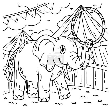 Illustration for A cute and funny coloring page of a Circus Elephant with a Hula Hoop. Provides hours of coloring fun for children. To color, this page is very easy. Suitable for little kids and toddlers. - Royalty Free Image