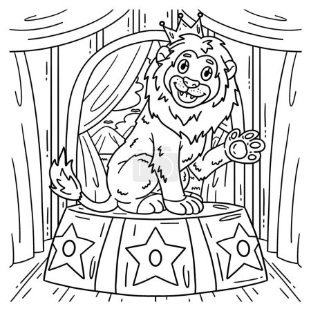 Illustration for A cute and funny coloring page of a Lion on Circus Podium. Provides hours of coloring fun for children. To color, this page is very easy. Suitable for little kids and toddlers. - Royalty Free Image