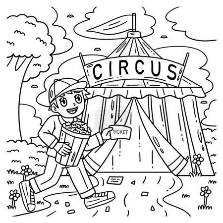 Illustration for A cute and funny coloring page of a Child in Front of a Circus Tent. Provides hours of coloring fun for children. To color, this page is very easy. Suitable for little kids and toddlers. - Royalty Free Image