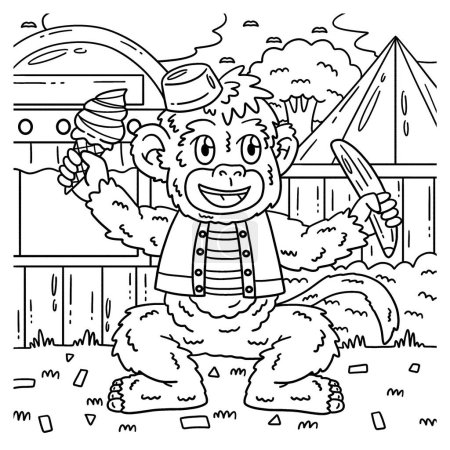 Illustration for A cute and funny coloring page of a Circus Monkey holding ice cream and a banana. Provides hours of coloring fun for children. To color, this page is very easy. Suitable for little kids and toddlers. - Royalty Free Image
