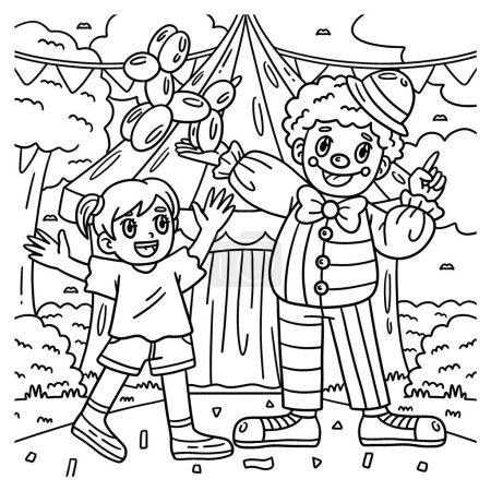 Illustration for A cute and funny coloring page of a Circus Child and Clown. Provides hours of coloring fun for children. To color, this page is very easy. Suitable for little kids and toddlers. - Royalty Free Image