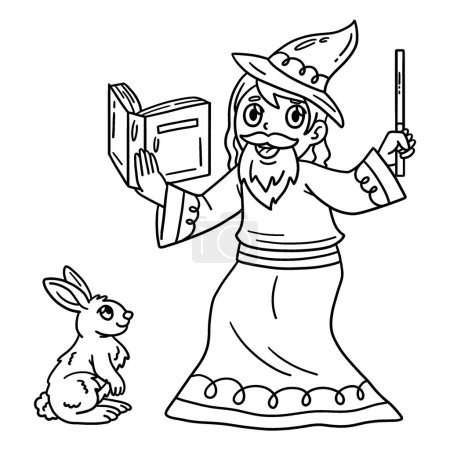 Illustration for A cute and funny coloring page of a Circus Wizard with Rabbit. Provides hours of coloring fun for children. To color, this page is very easy. Suitable for little kids and toddlers. - Royalty Free Image