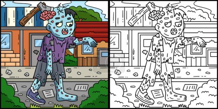Ilustración de Esta página para colorear muestra un zombi con un hacha en la cabeza. Un lado de esta ilustración es de color y sirve como inspiración para los niños. - Imagen libre de derechos