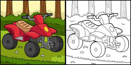 Illustration for This coloring page shows a quad bike. One side of this illustration is colored and serves as an inspiration for children. - Royalty Free Image