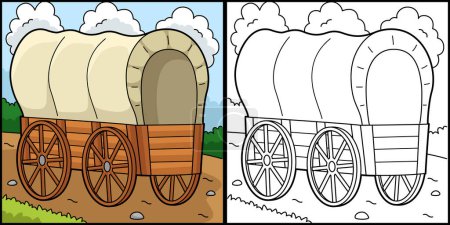 This coloring page shows a Wagon Vehicle. One side of this illustration is colored and serves as an inspiration for children.