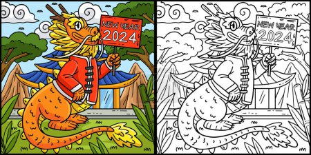 Diese Malseite zeigt ein Jahr des chinesischen Drachen-Outfits. Eine Seite dieser Illustration ist farbig und dient Kindern als Inspiration