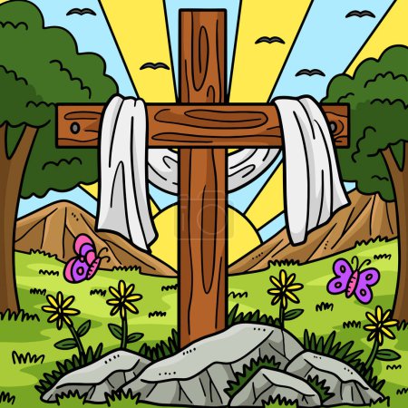 Téléchargez les illustrations : Ce clipart de bande dessinée montre une croix chrétienne drapée avec une illustration en tissu. - en licence libre de droit