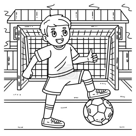Illustration for A cute and funny coloring page of a Boy with a Foot on a Soccer Ball. Provides hours of coloring fun for children. To color, this page is very easy. Suitable for little kids and toddlers. - Royalty Free Image
