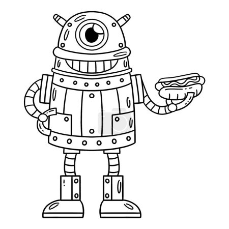 Illustration for A cute and funny coloring page of a One-Eyed Robot with a Hotdog. Provides hours of coloring fun for children. To color, this page is very easy. Suitable for little kids and toddlers. - Royalty Free Image