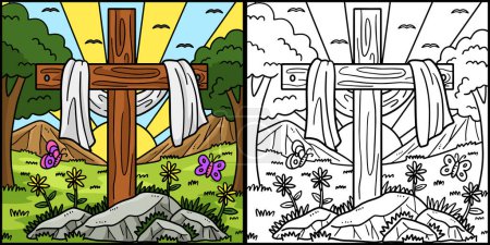 Téléchargez les illustrations : Cette page à colorier montre une croix chrétienne drapée de tissu. Un côté de cette illustration est coloré et sert d'inspiration pour les enfants. - en licence libre de droit