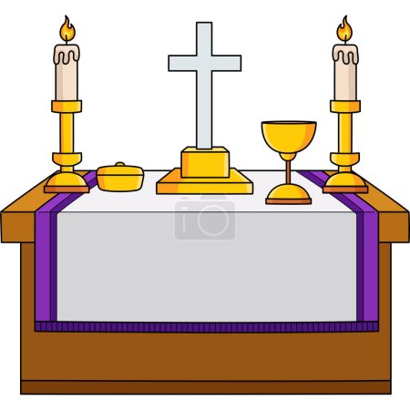 Téléchargez les illustrations : Ce clipart de bande dessinée montre une illustration de table d'autel. - en licence libre de droit
