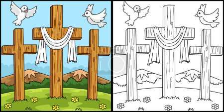 Ilustración de Esta página para colorear muestra una Cruz Cristiana Tres. Un lado de esta ilustración es de color y sirve como inspiración para los niños. - Imagen libre de derechos