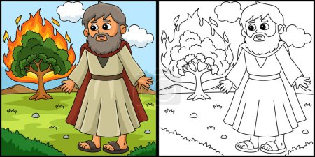 Diese Malseite zeigt einen Moses and Burning Bush. Eine Seite dieser Illustration ist farbig und dient Kindern als Inspiration. 