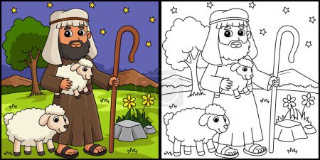 Téléchargez les illustrations : Cette page à colorier montre un berger chrétien. Un côté de cette illustration est coloré et sert d'inspiration pour les enfants. - en licence libre de droit