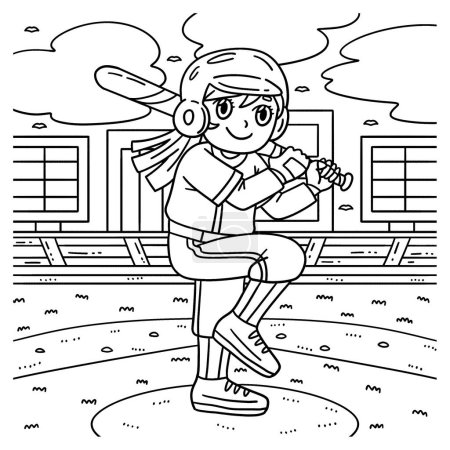 Illustration for A cute and funny coloring page of a Girl Bracing a Baseball Bat. Provides hours of coloring fun for children. To color, this page is very easy. Suitable for little kids and toddlers. - Royalty Free Image