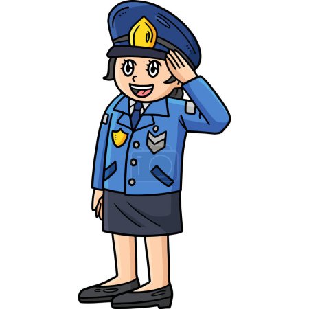 Téléchargez les illustrations : Ce clipart de bande dessinée montre une illustration de Saluting Policewoman. - en licence libre de droit