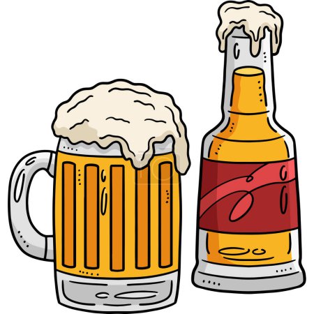 Ilustración de Este clipart de dibujos animados muestra una ilustración de cerveza botella y cerveza taza. - Imagen libre de derechos