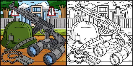 Illustration for This coloring page shows the Memorial Day Military Armaments. One side of this illustration is colored and serves as an inspiration for children. - Royalty Free Image