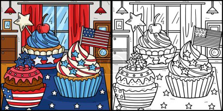 This coloring page shows Memorial Day Patriotic Cupcakes. One side of this illustration is colored and serves as an inspiration for children.
