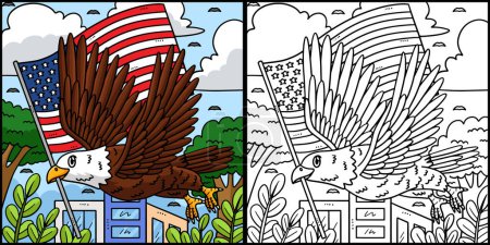 This coloring page shows a Memorial Day Eagle Carrying Flag. One side of this illustration is colored and serves as an inspiration for children.