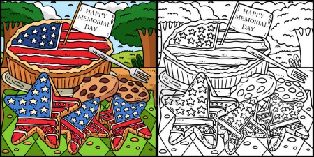 Diese Malseite zeigt einen Memorial Day Star Cookies and Pie. Eine Seite dieser Illustration ist farbig und dient Kindern als Inspiration.