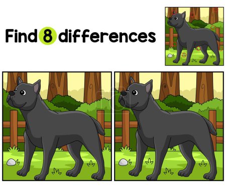 Illustration for Find or spot the differences on this Cane Corso Dog Kids activity page. It is a funny and educational puzzle-matching game for children. - Royalty Free Image