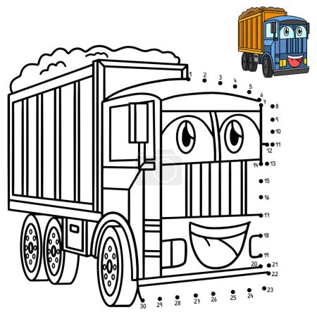 Ilustración de Un lindo y divertido conectar los puntos camión volquete con cara vehículo para colorear página. - Imagen libre de derechos