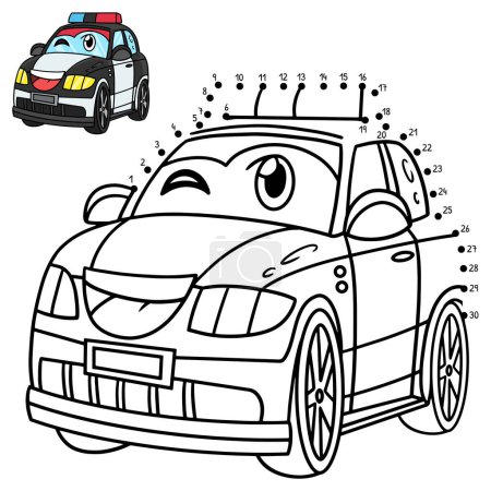 Illustration for A cute and funny connect the dots Police Car with Face Vehicle coloring page. - Royalty Free Image