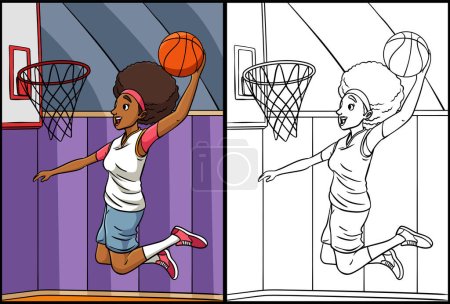 Illustration for This coloring page shows a Basketball Girl Slam Dunk. One side of this illustration is colored and serves as an inspiration for children. - Royalty Free Image