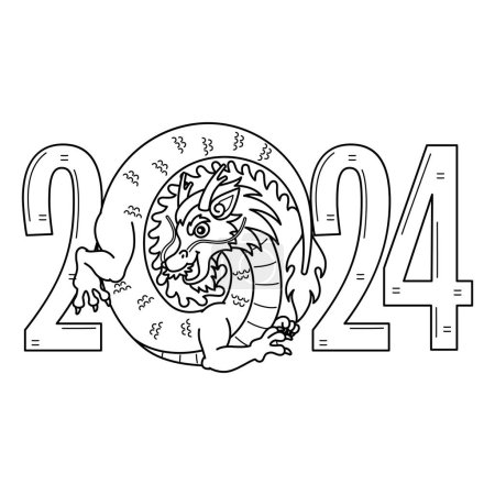 Illustration for A cute and funny coloring page of a 2024 Year of the Dragon. Provides hours of coloring fun for children. To color, this page is very easy. Suitable for little kids and toddlers. - Royalty Free Image