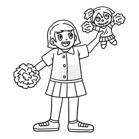 Illustration for A cute and funny coloring page of a Girl with a Cheerleader Doll and Pompoms. Provides hours of coloring fun for children. To color, this page is very easy. Suitable for little kids and toddlers. - Royalty Free Image